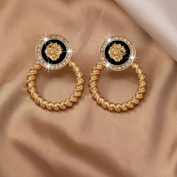 BLACK & GOLD LION DOORKNOCKER  DROP EARRINGS DESIGNER INSPIRED - Picture 1 of 6